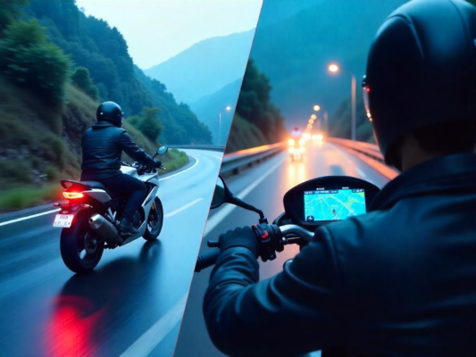 A rider on a 2025 ABS motorcycle navigating a wet mountain road with a smart dashboard displaying GPS, highlighting safety and technology.