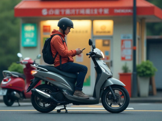 A Taiwanese rider in 2025 using a smartphone next to an ABS-equipped scooter parked near a local shop, showcasing daily convenience.
