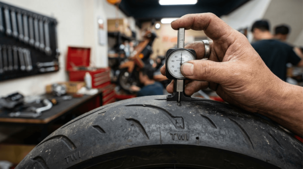 映象車業技師使用深度計檢查機車輪胎胎紋，解析 ABS 與 TCS 系統於雨天行駛的安全性差異與輪胎抓地力物理極限。