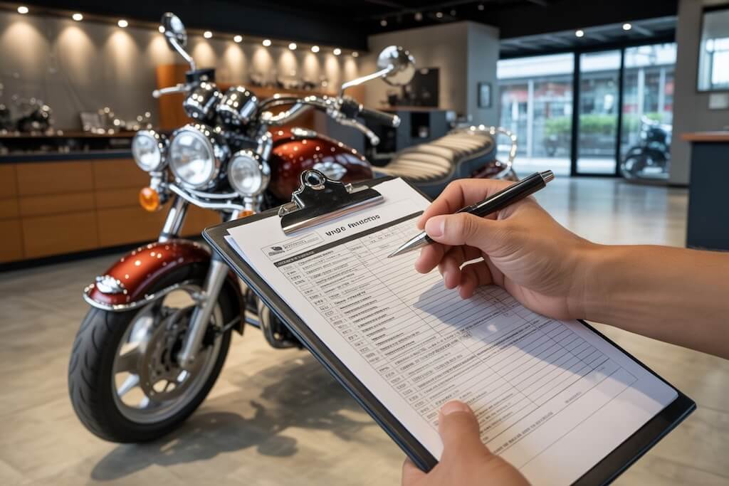 映象車業合格二手機車整備標準，出車前完整安全指標與引擎性能檢查單清單展示。