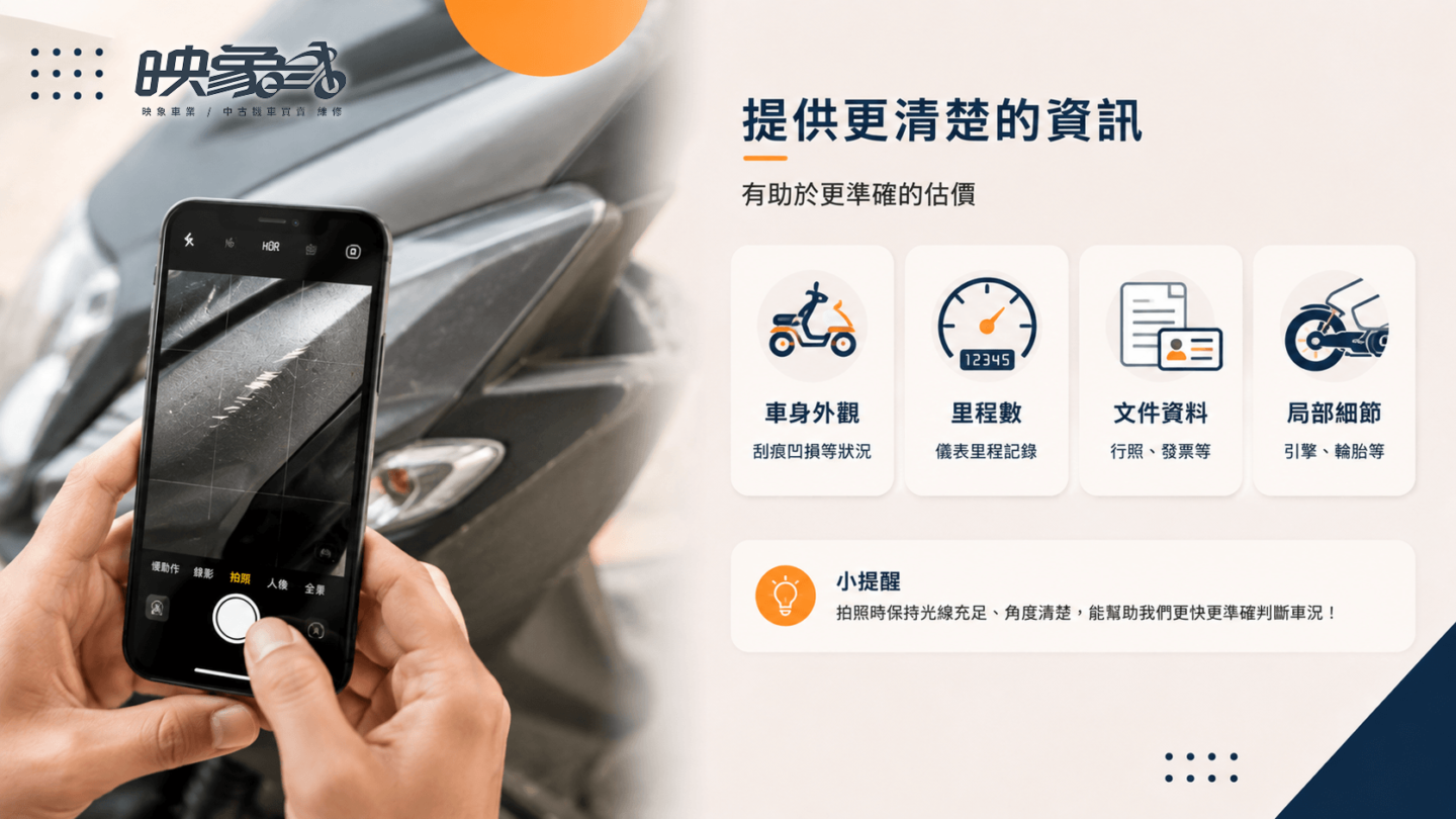 提供二手機車外觀、里程、文件與車況細節,有助於掌握更完整的估價資訊